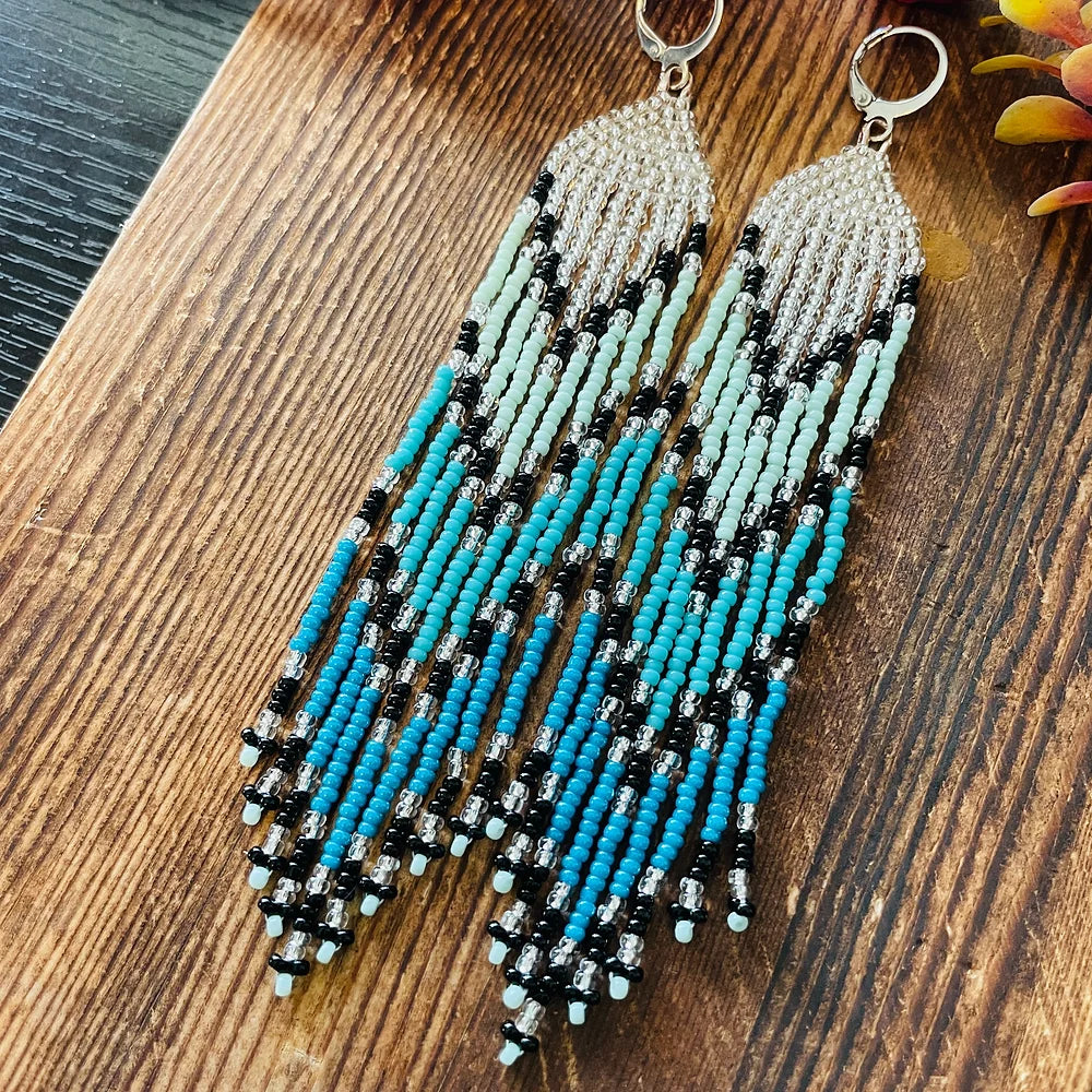 Color Block : Aqua Silvertone | Fringe Earrings