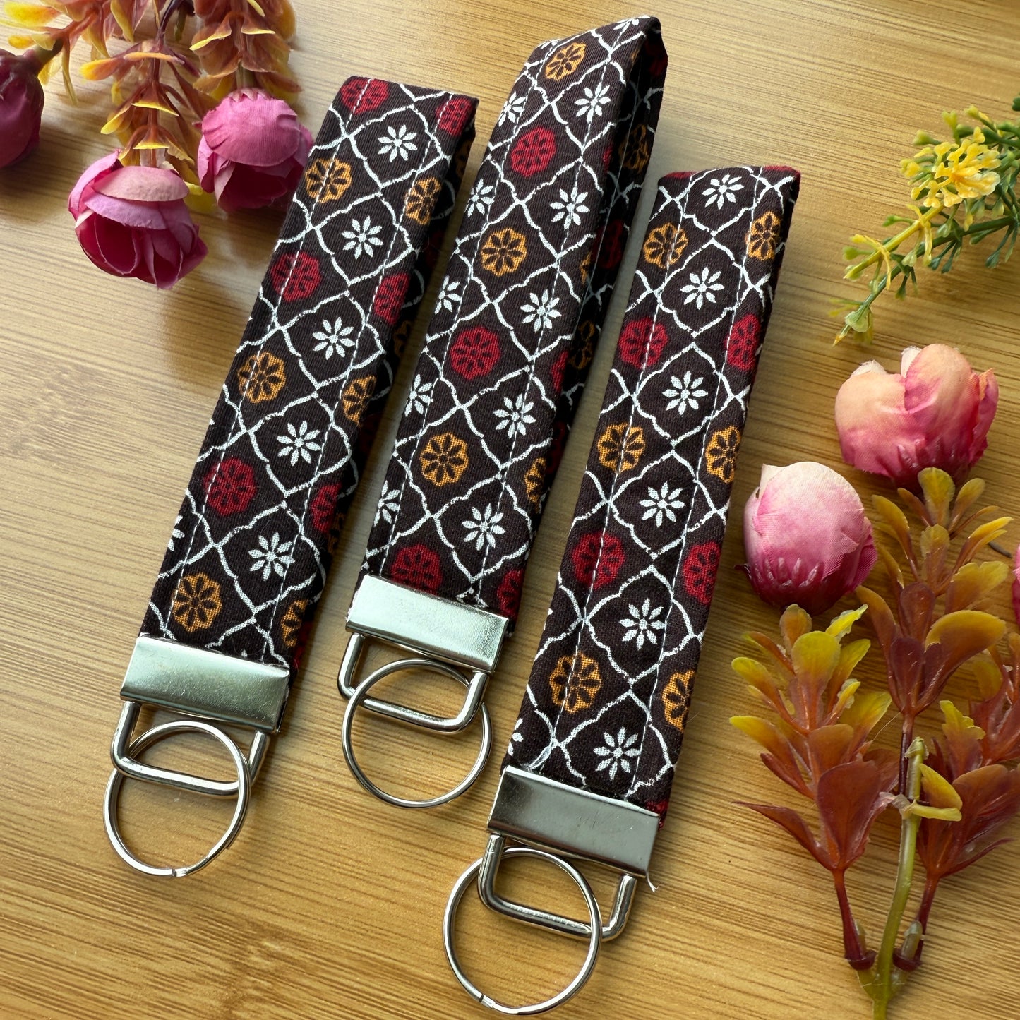 Fabric Key Fob (KF17) - Red Orange Flowers