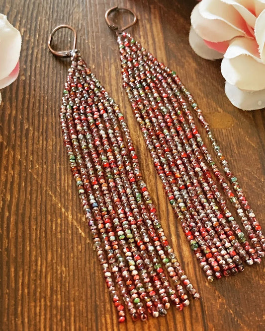 Shoulder Duster : Speckled Shimmer - Red | Fringe Earrings