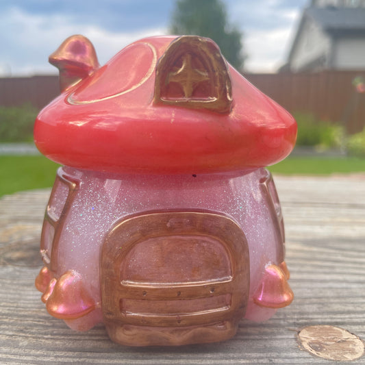 Mushroom House Jar Pink and Red