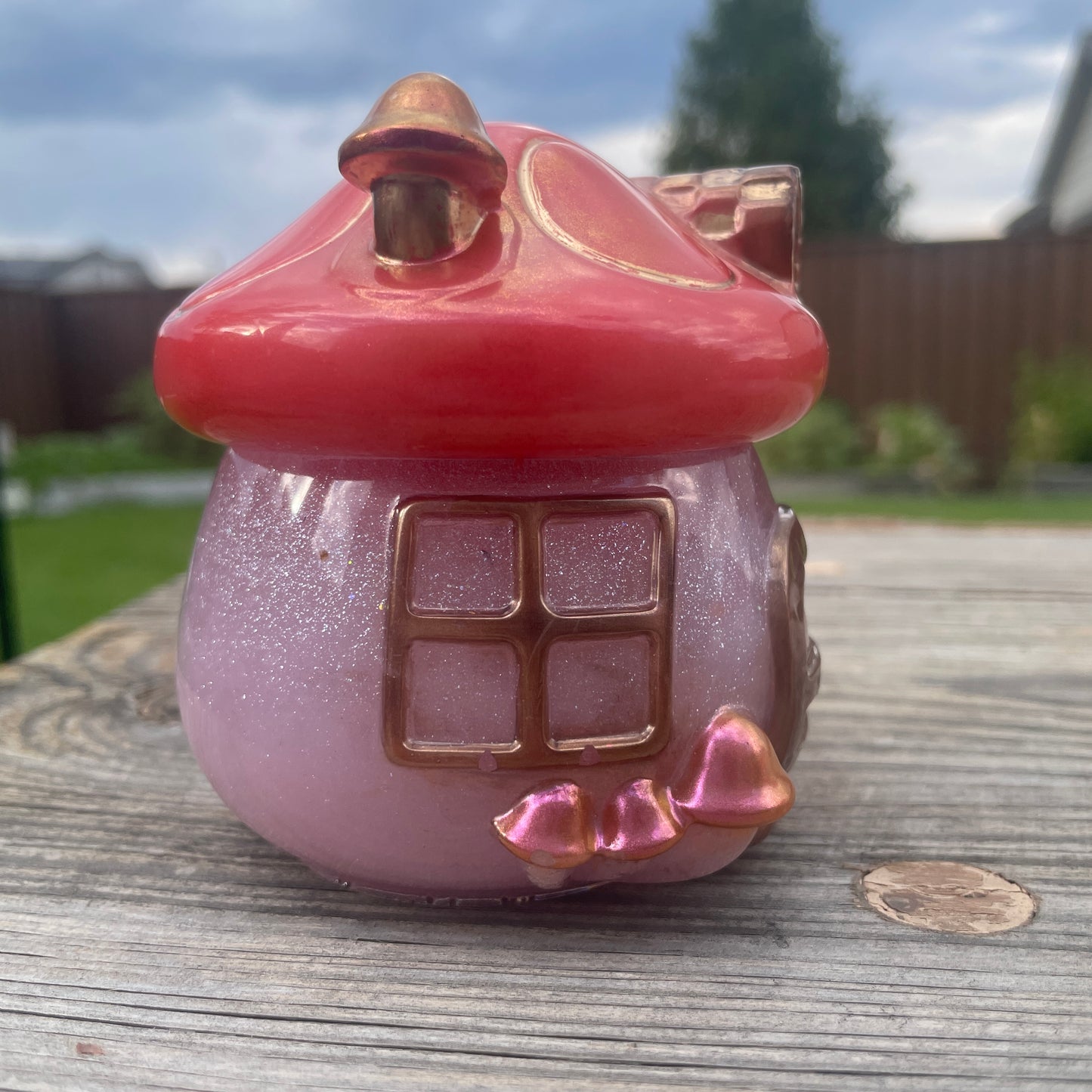 Mushroom House Jar Pink and Red