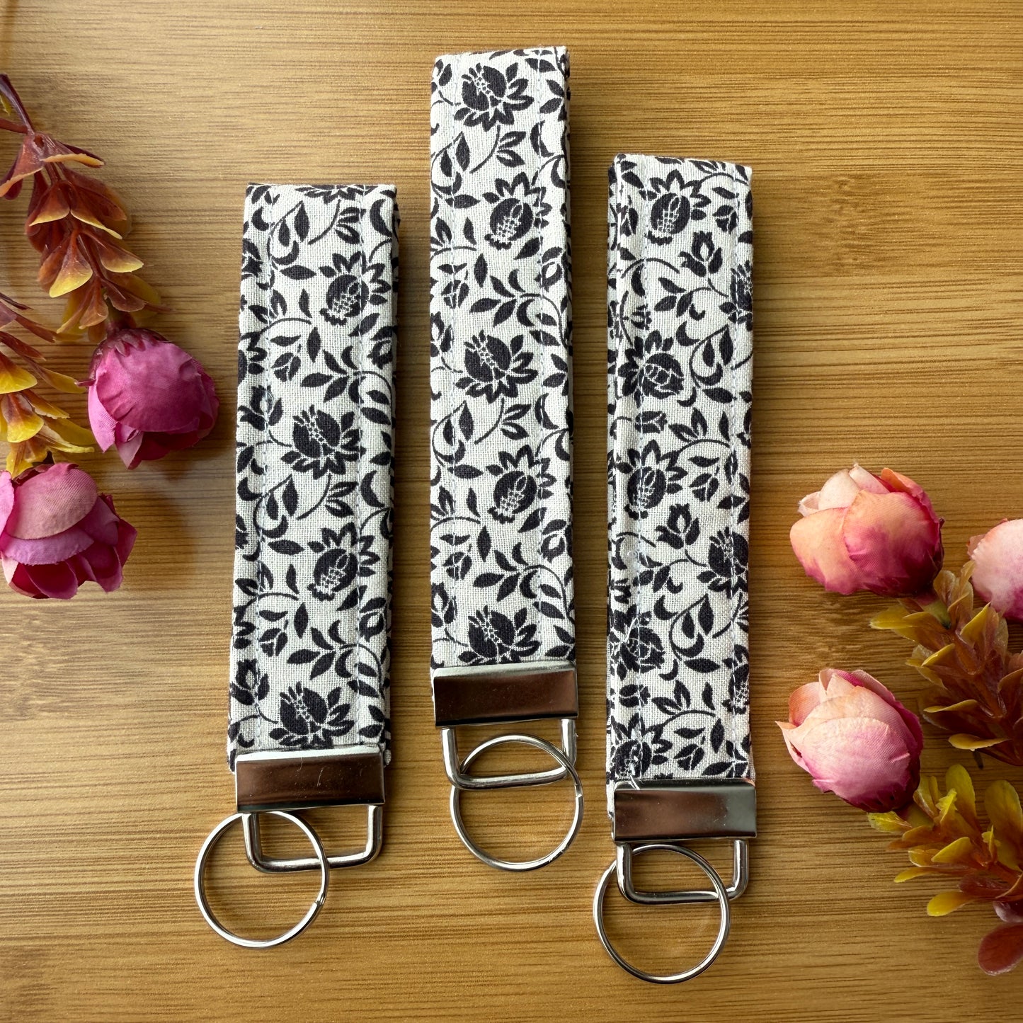 Fabric Key Fob (KF01) - Black & White Floral Fabric