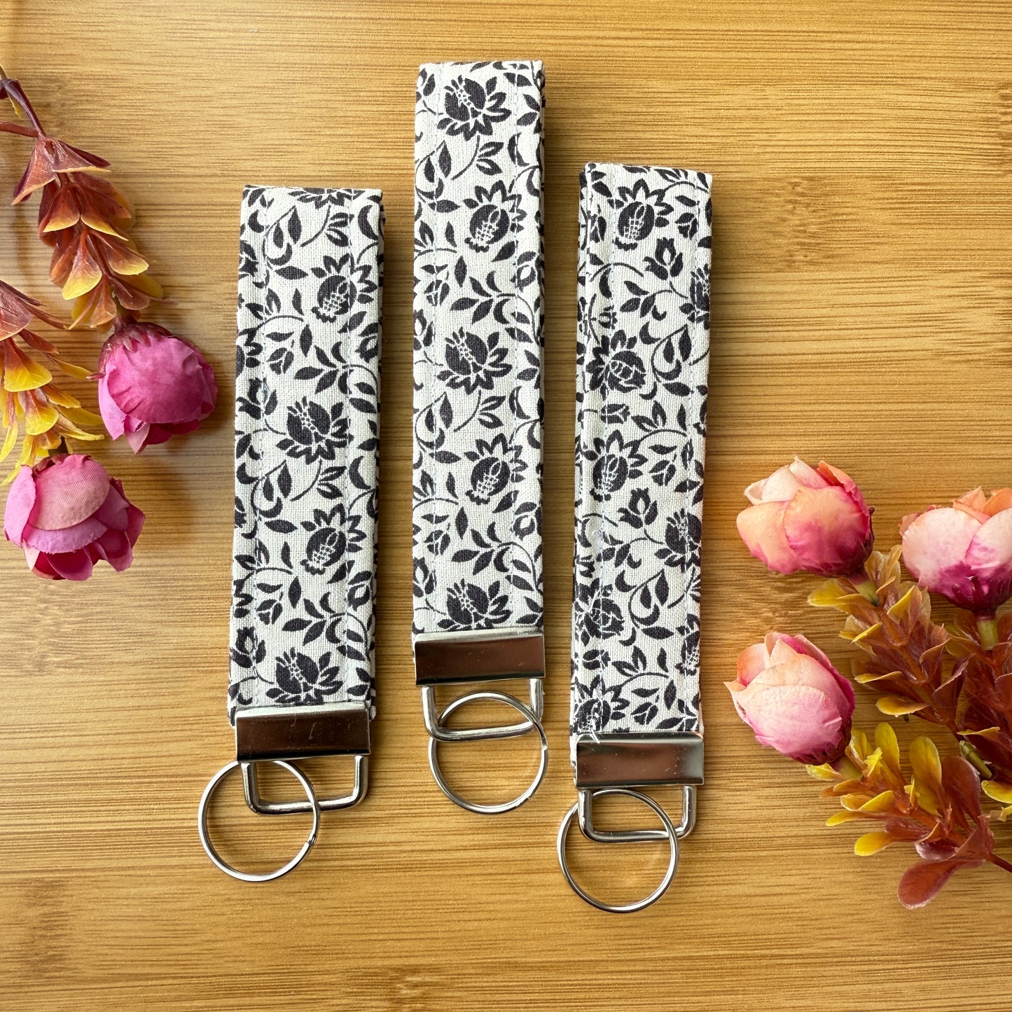 Fabric Key Fob (KF01) - Black & White Floral Fabric