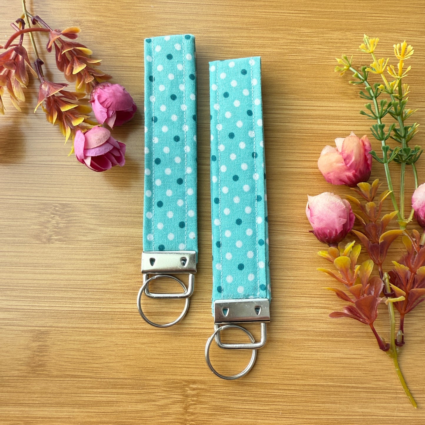 Fabric Key Fob (KF08) - Aqua Polk Dots