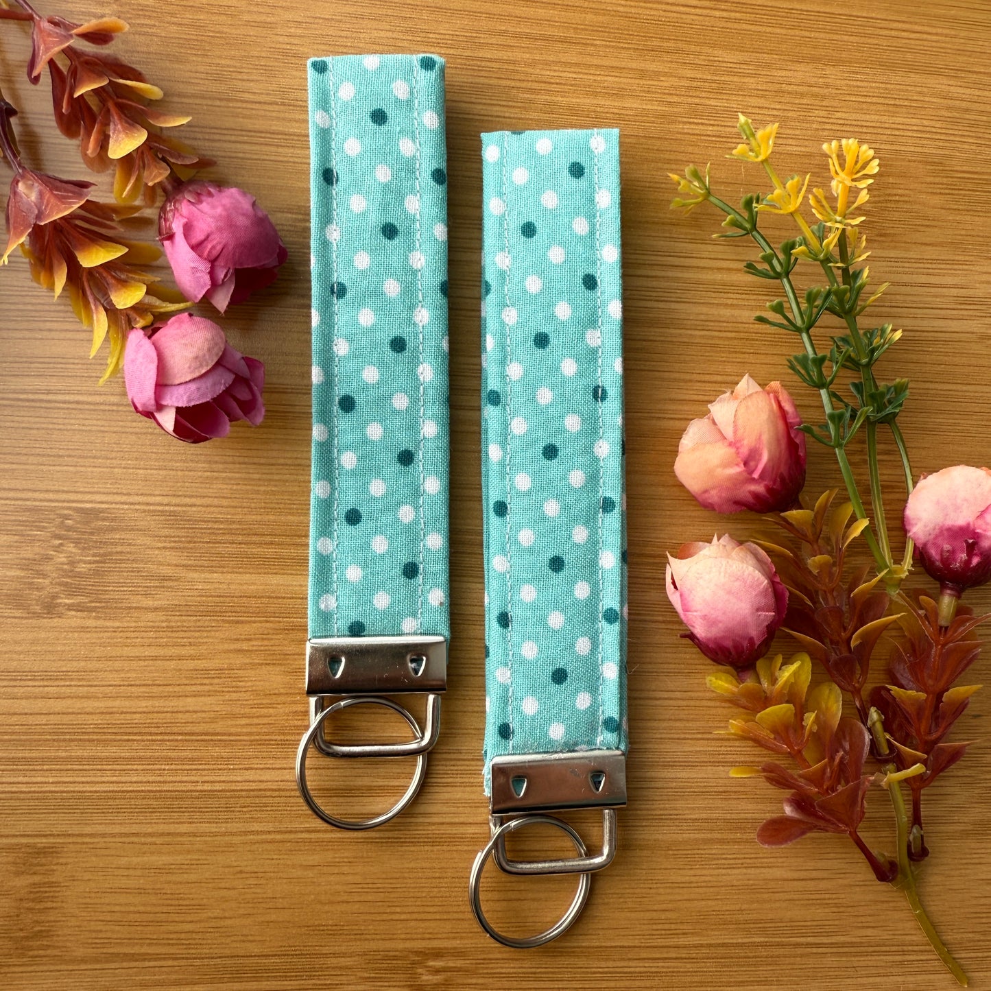 Fabric Key Fob (KF08) - Aqua Polk Dots