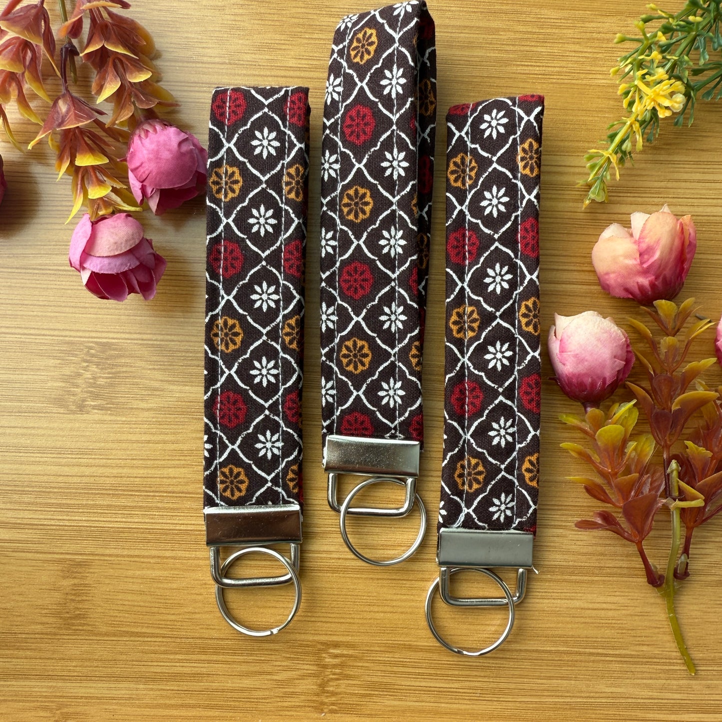 Fabric Key Fob (KF17) - Red Orange Flowers