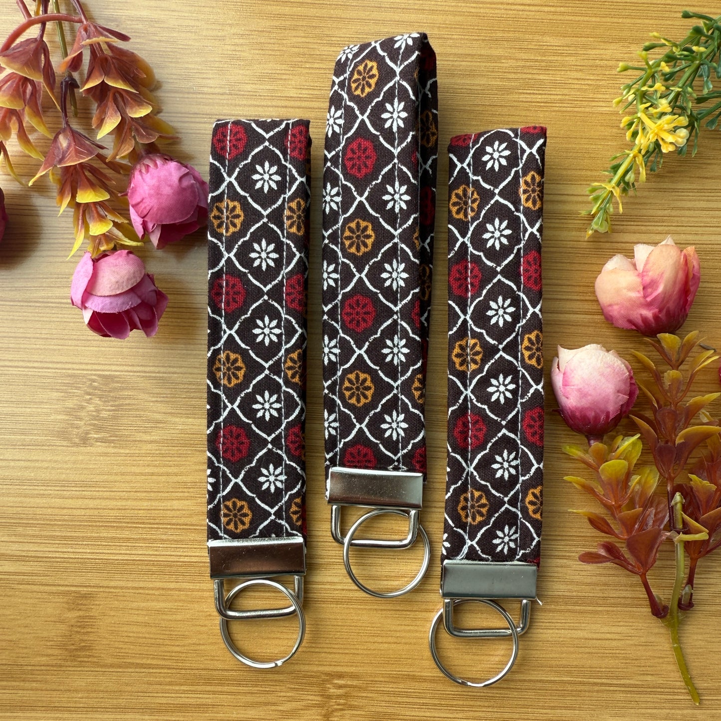 Fabric Key Fob (KF17) - Red Orange Flowers