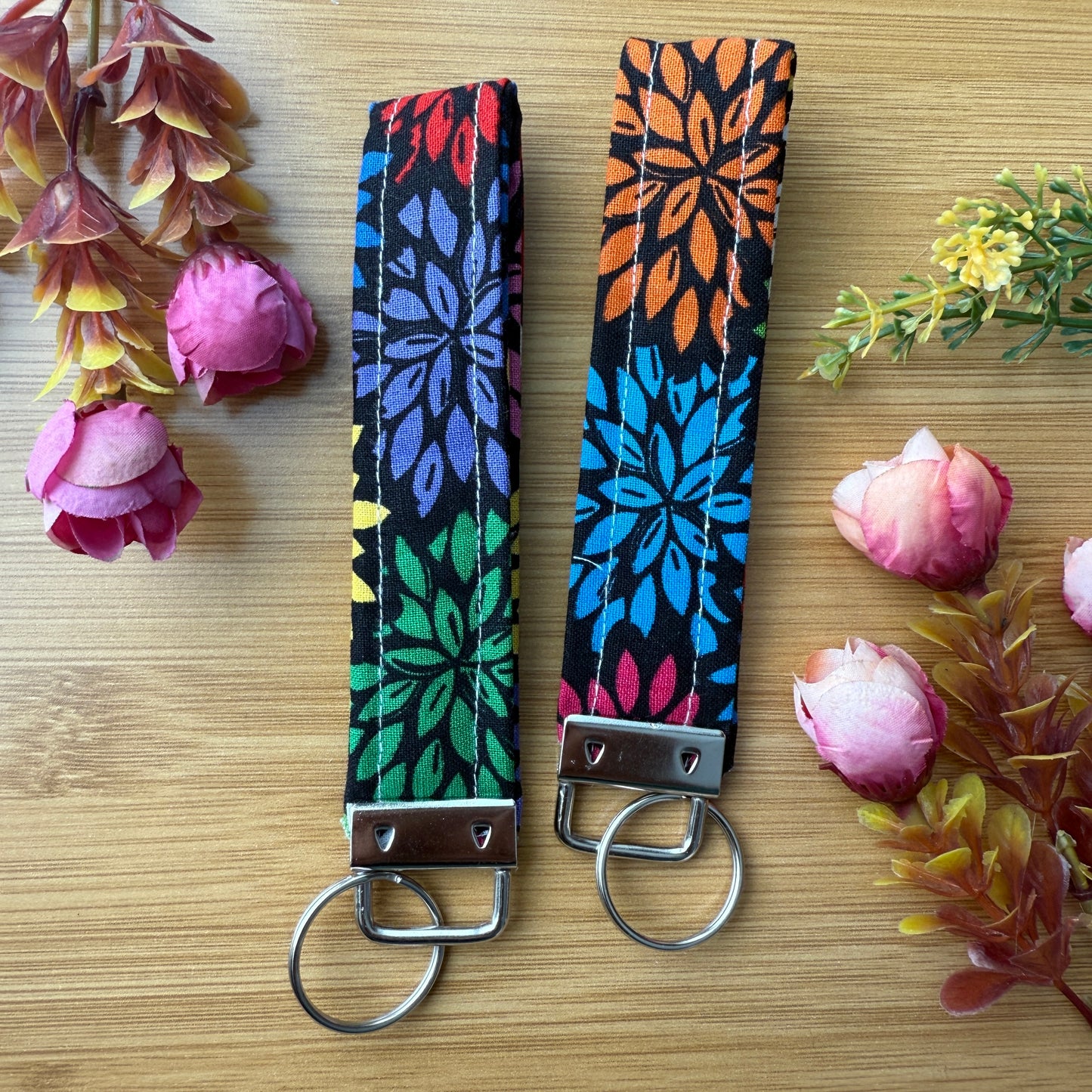 Fabric Key Fob (KF19) - Black with multicolor flowers