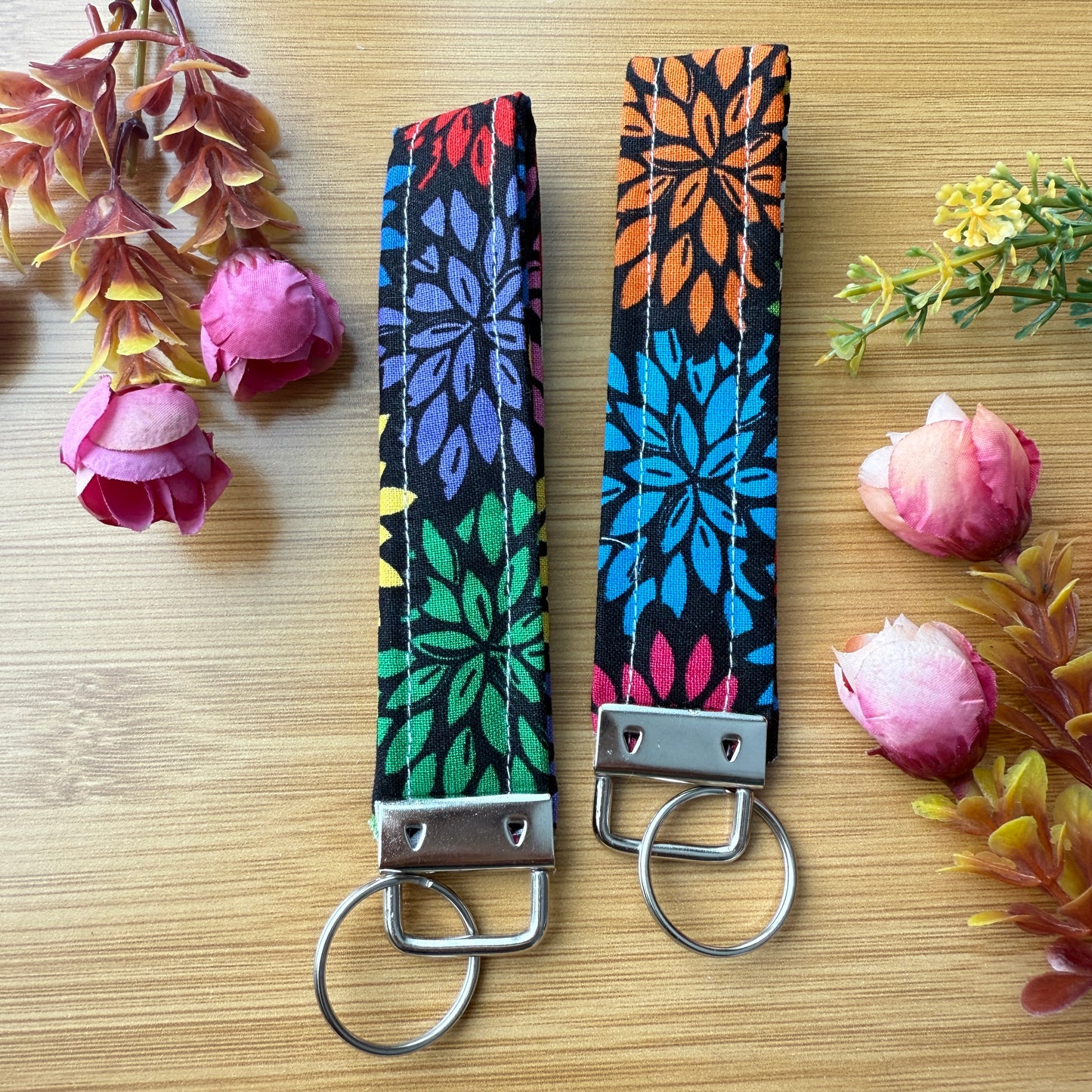 Fabric Key Fob (KF19) - Black with multicolor flowers