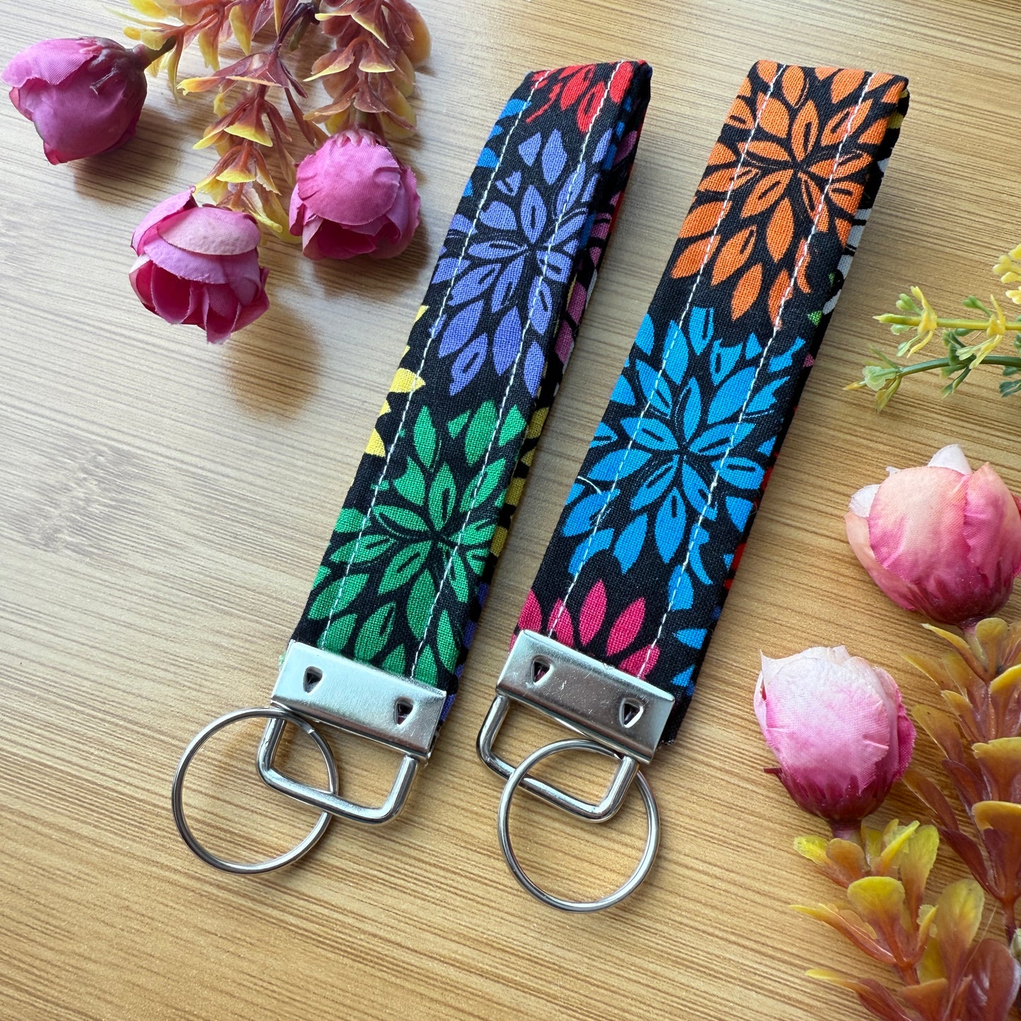 Fabric Key Fob (KF19) - Black with multicolor flowers